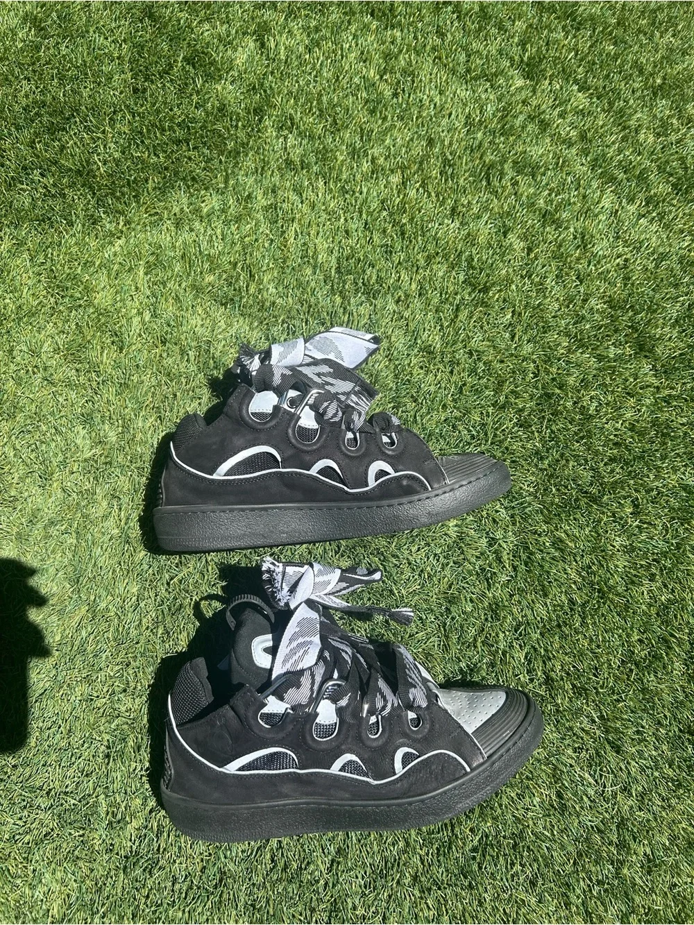 Lanvin Black and Gray High-Top Sneakers with Patterned Laces